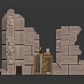 Medieval Stone Ruins Scene With Stone Arch Wooden Crate And Sword