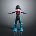 Sci Fi Humanoid Character With Cybernetic Helmet Blue Boots And Red Chest Emblem