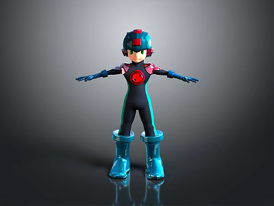 Sci Fi Humanoid Character With Cybernetic Helmet Blue Boots And Red Chest Emblem 3d model