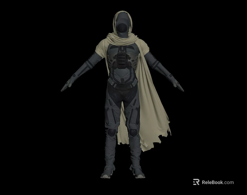 Hooded Cloak And Fitted Combat Suit Tactical Sci Fi Apparel With Detailed Armor 3d model 