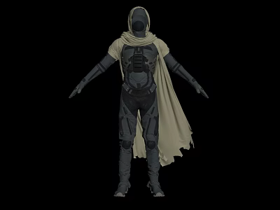 Hooded Cloak And Fitted Combat Suit Tactical Sci Fi Apparel With Detailed Armor 3d model