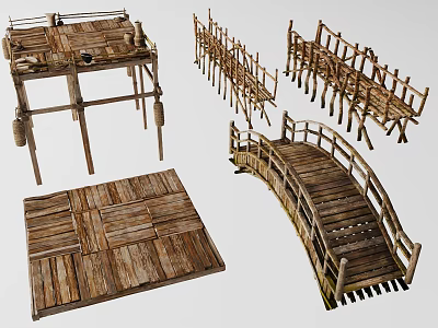 Rustic Wooden Scene Components Including Platform Railings Bridge And Flooring Panels 3d model