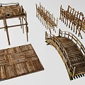 Rustic Wooden Scene Components Including Platform Railings Bridge And Flooring Panels 3d model