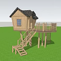 Elevated Wooden Cabin With Staircase And Railing In Grassy Backyard For Children Play