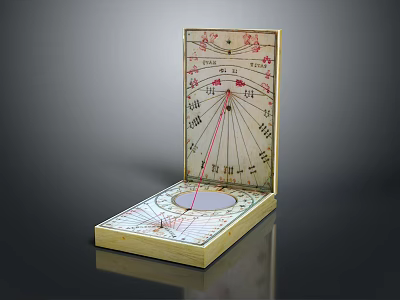 Antique Wooden Sundial Compass Open Case With Scaled Dial Red Pointer And Markings 3d model