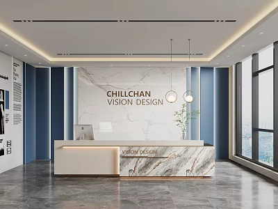 Modern Office Reception Desk With Marble Countertop Design Backdrop Wall Pendant Lighting And Large Windows 3d model