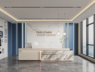 Modern company front desk background wall sofa reception area chandelier office area 3d model