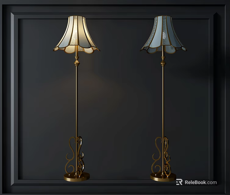 Elegant Gold Floor Lamp With Decorative Curved Base And Fabric Shade Design 3d model 