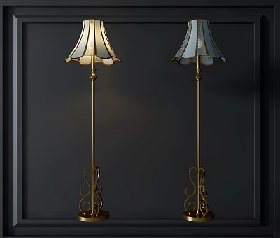 Elegant Gold Floor Lamp With Decorative Curved Base And Fabric Shade Design 3d model