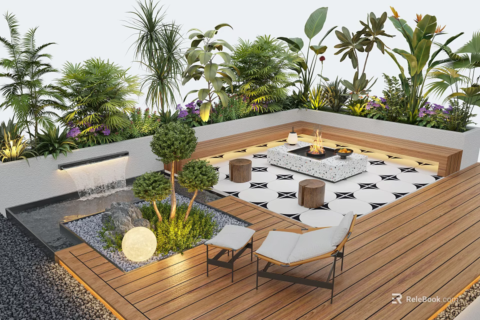 Patio Garden With Fire Pit Seating Geometric Tiles Water Feature And Lush Plants 3d model 