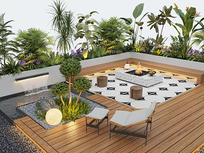 Patio Garden With Fire Pit Seating Geometric Tiles Water Feature And Lush Plants 3d model