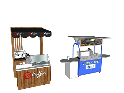 Coffee Kiosk Designs With Wooden And Blue Stands Canopy And Display Cases 3d model