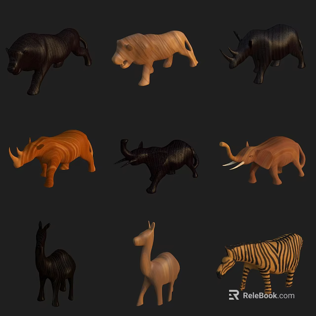 Hand Carved Animal Sculptures With Different Animals Various Colors And Wooden Texture 3d model 