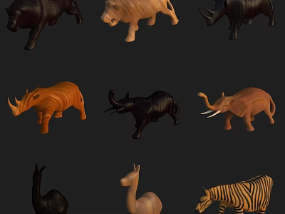 Hand Carved Animal Sculptures With Different Animals Various Colors And Wooden Texture 3d model