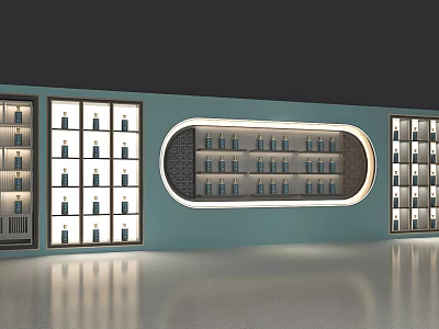 Modern Wine Cabinet Display With Built-in Lighting And Neatly Arranged Wine Bottles On Blue Wall 3d model