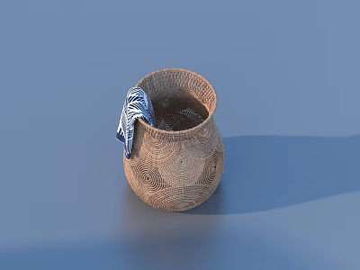 Daily Necessities Woven Clay Pot With Blue And White Striped Cloth 3d model