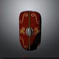 Ancient Red Shield with Gold Spiral Patterns and Lion Designs and Central Silver Metal Buckle