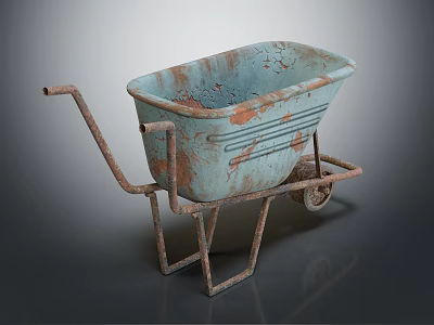 Vintage Rusty Blue Wheelbarrow With Metal Frame And Single Wheel 3d model