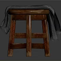 Red Wooden Stool with Simple Structure Covered by Gray Cloth on Top 3d model