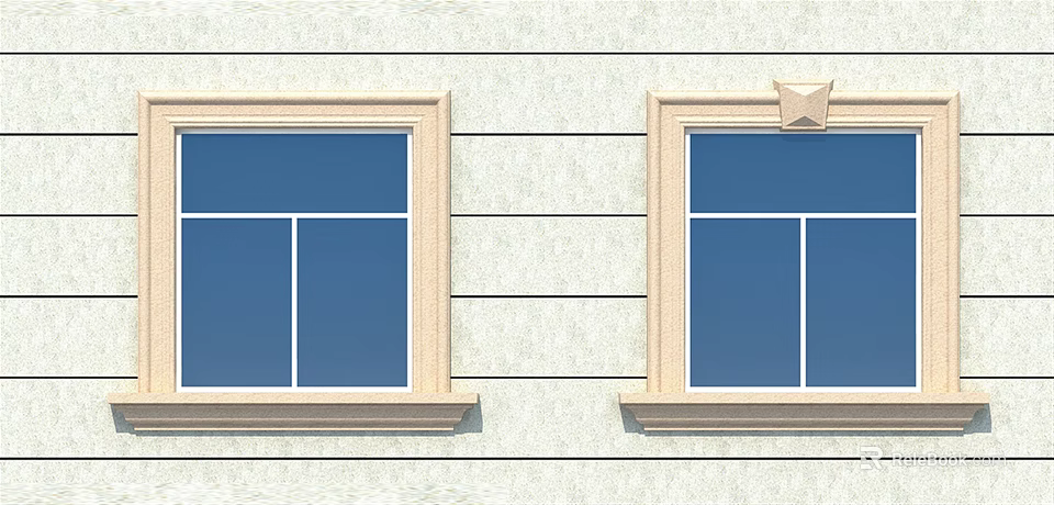 Two Casement Windows Installed On Wall With Frame Design And Blue Glass 3d model 