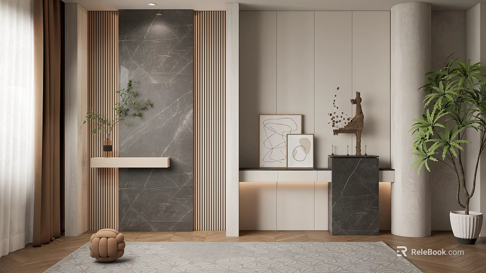 Modern Entryway Console Table And Side Cabinet With Marble Wall Artwork And Decorative Items 3d model