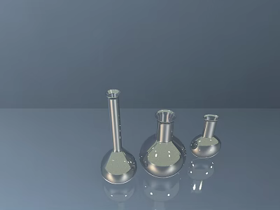 Industrial Equipment Laboratory Silver Flasks in Different Sizes on Smooth Gray Reflective Surface 3d model
