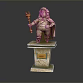 Carved Stone Statue Holding Golden Scepter Wearing Cape On Marble Pedestal With Plaque