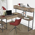 Modern L Shaped Wooden Desk With Red Desk Lamp Laptop Bookshelf And Green Plants