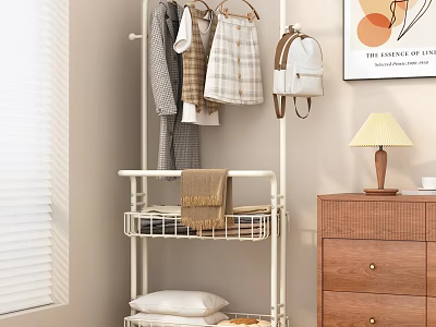 Practical White Multi Tiered Clothing Rack For Hanging Clothes And Storing Bedding Items 3d model