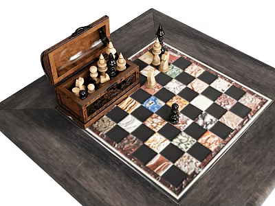 Classic Chess Set With Wooden Storage Box And Checkered Marble Chessboard 3d model