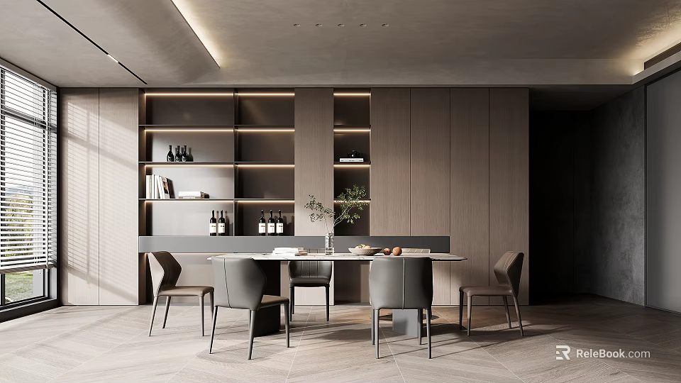 Modern Restaurant Interior With Wooden Cabinets Shelves Wine Bottles Round Dining Table Chairs Lighting Strips 3d model 