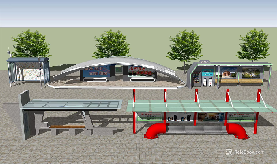 Modern Bus Station With Canopy Roof Benches And Green Trees Around Platform 3d model 