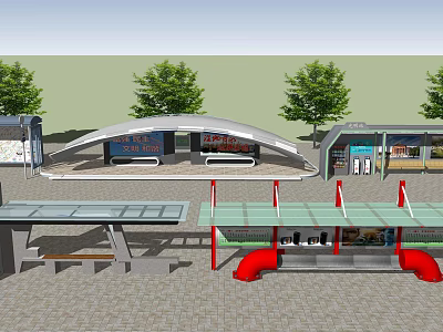 Modern Bus Station With Canopy Roof Benches And Green Trees Around Platform 3d model