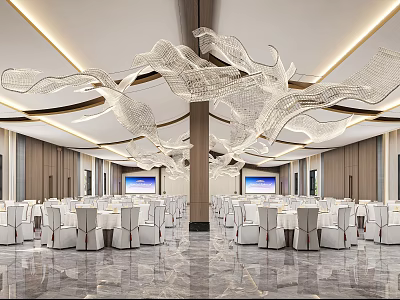 Modern Luxurious Banquet Hall With Wavy Crystal Chandeliers Marble Floor And White Tables And Chairs 3d model