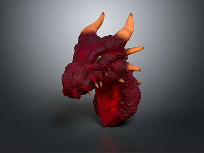 Artistic Red Dragon Head Sculpture Featuring Orange Horns Green Eyes And Spikes 3d model