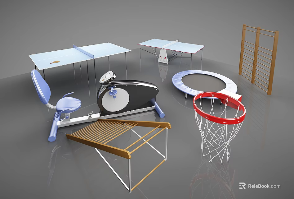 Various Sports Equipment Including Table Tennis Tables Trampolines Basketball Hoops Exercise Bikes And Gymnastic Ladders 3d model 