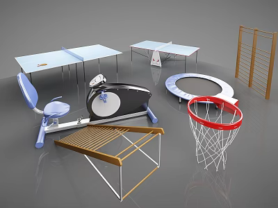 Various Sports Equipment Including Table Tennis Tables Trampolines Basketball Hoops Exercise Bikes And Gymnastic Ladders 3d model