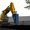 Yellow Komatsu Excavator Working With Blue Demolition Hammer On Construction Site Debris