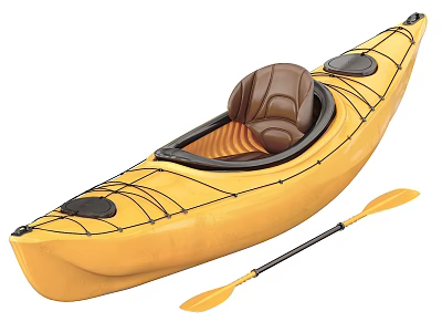 Yellow Kayak With Brown Seat And Matching Paddle For Recreational Use 3d model