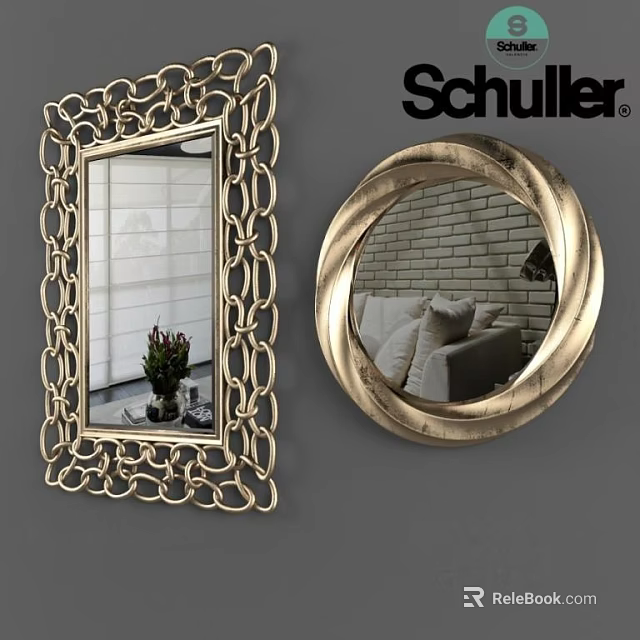 Schuller Gold Frame Rectangular And Round Decorative Mirrors With Intricate Chain Design 3d model 