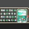 Window Merchandising Display With Green Cards Images Screen And Plant Decorations