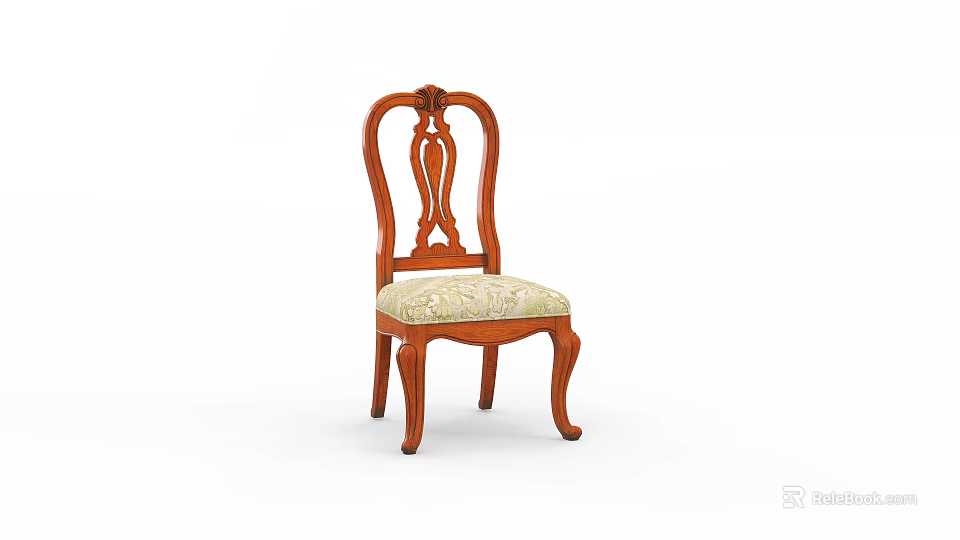 Traditional Wooden Single Chair With Carved Backrest And Floral Upholstered Seat 3d model 