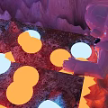 Vibrant Cartoon Scene With Red Character Orbital Rings Glowing Geometric Shapes And Rocky Peaks