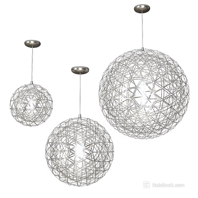 Three Modern Hanging Pendant Lights With Metal Mesh Spherical Design 3d model