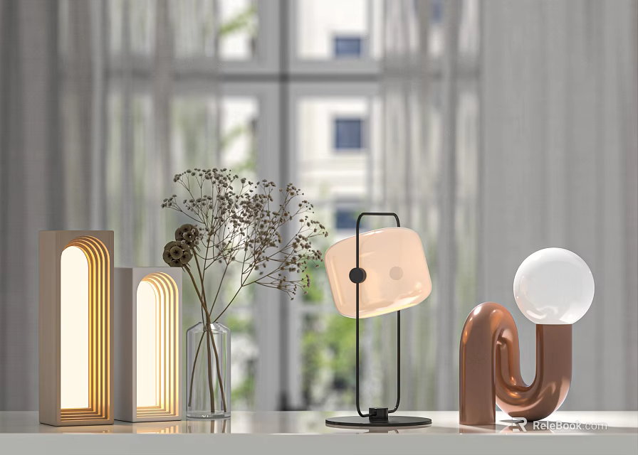 Modern Table Lamps With Various Curved Square Spherical Designs And Decorative Dried Flowers 3d model 