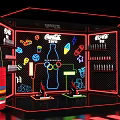 Neon Light Exhibition Display With City Silhouette Icons Red Arrows And Platform