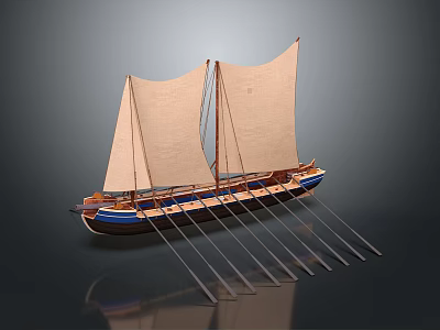 Traditional Wooden Boat with Two Beige Sails Blue Trim and Multiple Oars on Dark Background 3d model