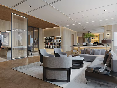 Elegant Modern Hotel Public Lounge With Comfortable Sofa Armchairs Coffee Tables And Wooden Bookshelves 3d model