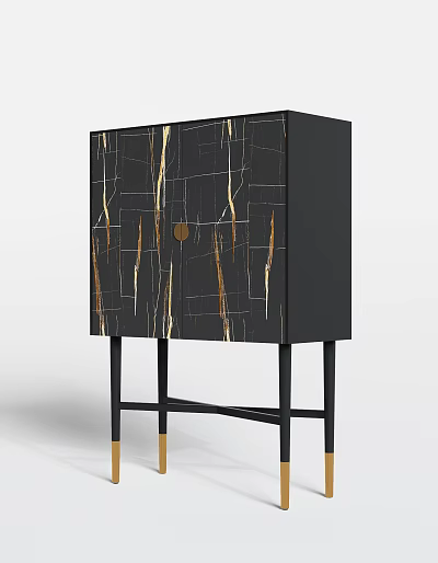 Black Decorative Cabinet With Gold Lines Marble Pattern Round Handle And Black Legs Gold Base 3d model