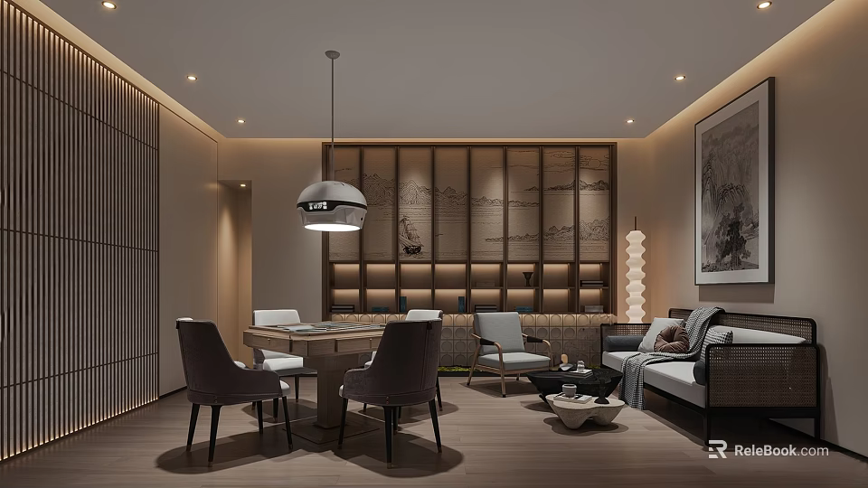 Elegant Hotel Mahjong Room Interior With Wooden Table Sofa And Hanging Lamp 3d model 